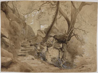 Escalier taillé dans la roche dans le parc de la Villa Chigi à Ariccia