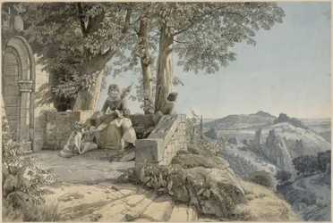 Paysage rocheux ; au premier plan, une jeune femme accompagnée de trois enfants et d