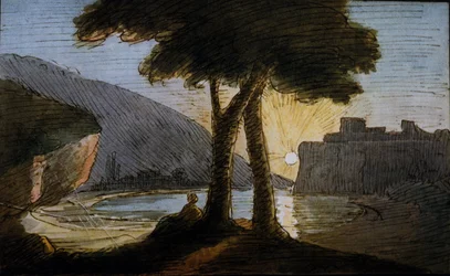 Coucher de soleil sur les ruines romaines. Aquarelle de Johann Wolfgang Von Goethe (1749-1832). Début du 19ème siècle