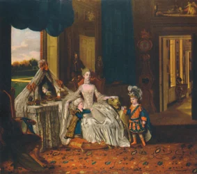 La reine Charlotte dans la salle de bain avec le prince et le duc en costume, vers 1766, 1948