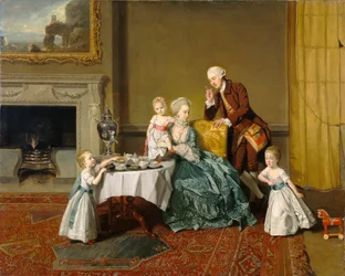 w:John Peyto-Verney, 14e baron Willoughby de Broke (1738-1816), et sa famille dans la salle du petit déjeuner à Compton Verney. Chez lui à Compton Verney House, Warwickshire, construite par lui en 1762-8.