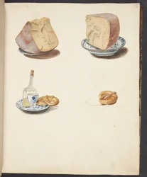 Nature morte avec fromage, schnaps et bretzel