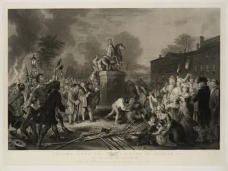Démolition de la statue de George III par les Fils de la Liberté, au Bowling Green, New York, juillet 1770, gravé par John C. McRae
