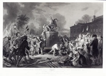 Démolition de la statue de George III par les Fils de la Liberté, au Bowling Green, New York, juillet 1776, pub. 1875