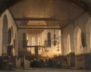 Intérieur de la Geertekerk à Utrecht avec la célébration de la Sainte Cène
