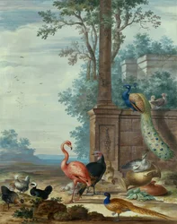 Paysage italianisant avec un paon, un faisan, un flamant et d