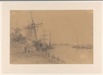 Moulins près de Dordrecht le long de la rivière avec des bateaux