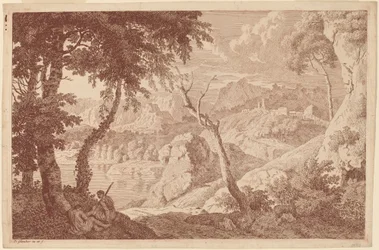 Paysage de montagne avec deux hommes se reposant