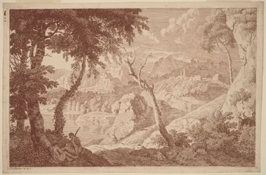 Paysage montagneux avec deux hommes au repos
