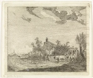 Cheval et chariot devant une maison