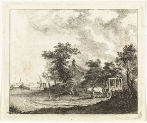 Cheval et chariot devant une maison