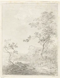 Paysage montagneux avec berger et bétail sur le chemin