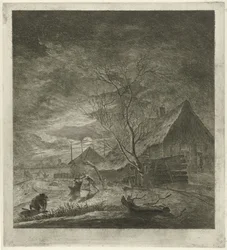 Paysage nocturne avec ferme et patineurs