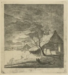 Paysage nocturne avec ferme et patineurs