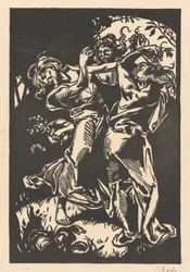 Femmes dansant avec des grappes de raisin et satyre