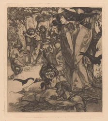 Paysage boisé avec des gens, des corbeaux et un satyre