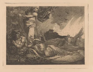 Paysage avec champ de blé, moissonneurs, satyre et figures féminines