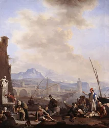 Un port de mer méditerranéen avec un homme buvant à une fontaine, des galériens, des marchands et des dockers