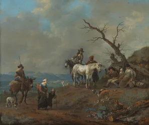 Route de campagne avec chasseurs et paysans
