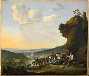 Allemand : Südliche Landschaft mit Fähre Paysage méridional avec vue sur une baie, avec des voyageurs qui se reposent