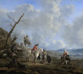 Paysage avec cavaliers, chasseurs et paysans