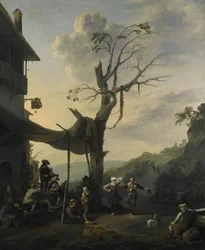 Paysage de montagne avec des paysans dansant et jouant de la musique devant une auberge