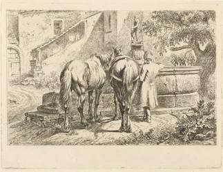 Chevaux buvant à une fontaine