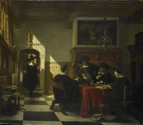 Compagnie en costume du XVIIe siècle à une table sur laquelle se trouve une coupe Nautilus