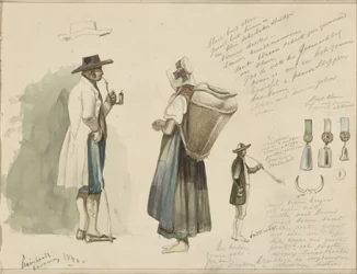 Homme fumant une pipe, femme avec panier, rosettes et un joueur de cor de chasse