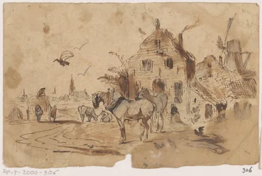 Chevaux dételés devant une maison