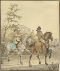 Homme et femme à cheval sur un chemin de campagne