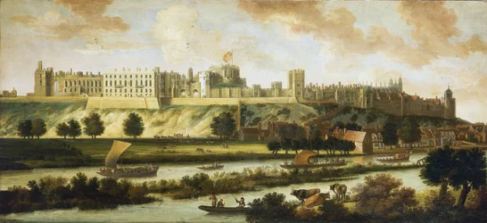 Vue du château de Windsor, et de tout le panorama entourant le bâtiment, avec description du parc et des activités sur la rivière, une variété de bateaux, des bateaux de pêche aux navires royaux