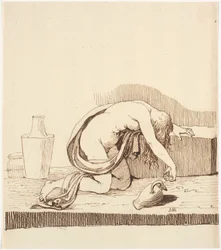 Femme nue penchée en avant (ivre) avec une cruche de vin vide