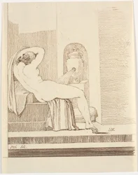 Femme nue avec drapé vue de dos, devant une fontaine
