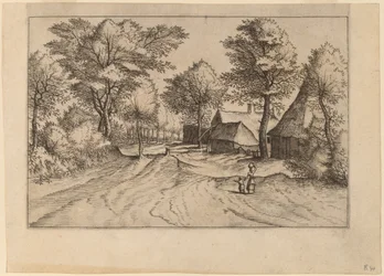 Route de village avec ferme et hangars