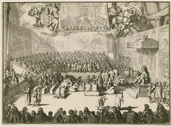 Une session à la Chambre des communes avec George II sur le trône