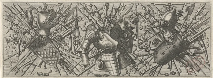 Frise avec un casque, un bouclier et des armes croisées