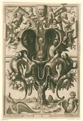 Ornement en forme de coquille avec des figures emprisonnées (Veelderleij Veranderinghe van grotissen ende Compertimenten)