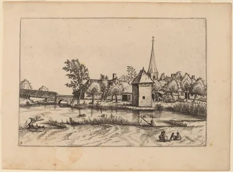 Village de campagne avec église et pont