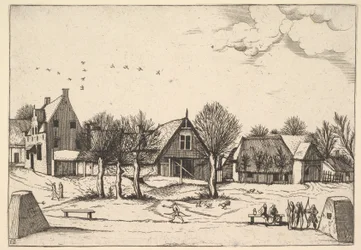 Village de campagne, archers au premier plan