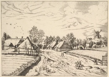 Village de campagne avec moulin à vent de Multifariarum casularum ruriumque lineamenta curios..., 1559-61