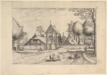 Ferme, vaches et berger au premier plan de Praediorum villarum et rusticar...
