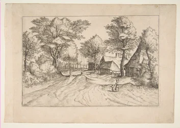 Route de village avec une ferme et des hangars, de la série Les Petits Paysages Multifariaru..., 1559-61