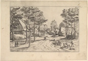 Rue du village, bétail, moutons et berger au premier plan de Praediorum villar..., vers 1559-61