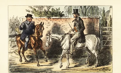 Gentleman anglais sur un vieux cheval rejeté par un homme sur un cheval bai