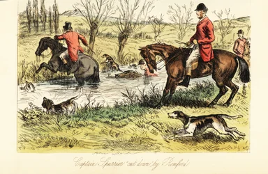 Chasseur anglais traversant une rivière avec des chiens de chasse