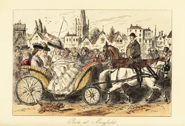 Dame anglaise en robe crinoline avec un parasol conduisant un panier tiré par un poney dans les rues animées d