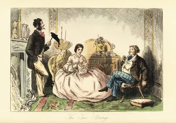 Dame en robe crinoline avec deux gentlemen dans un salon