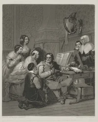La Famille de Cromwell intercédant pour la vie de Charles Ier, gravure par Alfred Johannot