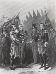 Reddition du général américain William Hull aux troupes britanniques et aux guerriers amérindiens à Détroit, 15 juillet
